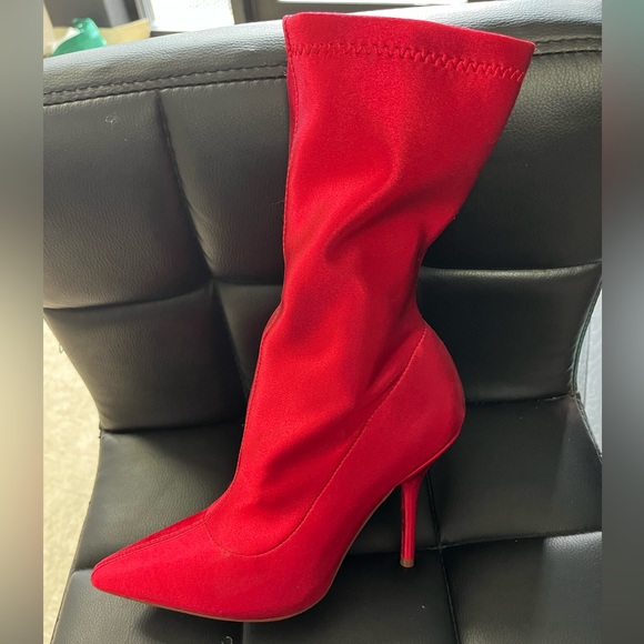 Shoes - NEW Red skinny Lycra calf high booties w/pointy toe